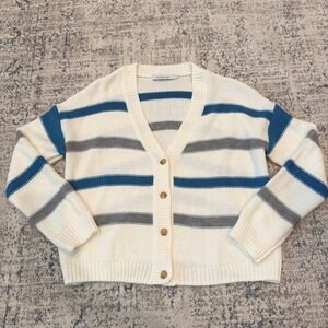 REVOLVE STITCHES & STRIPES Cream Blue Gray Stripe V Neck Cardigan Sweater Size L